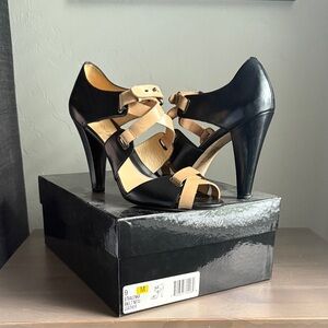 Nine West Black and Tan Strappy Heels